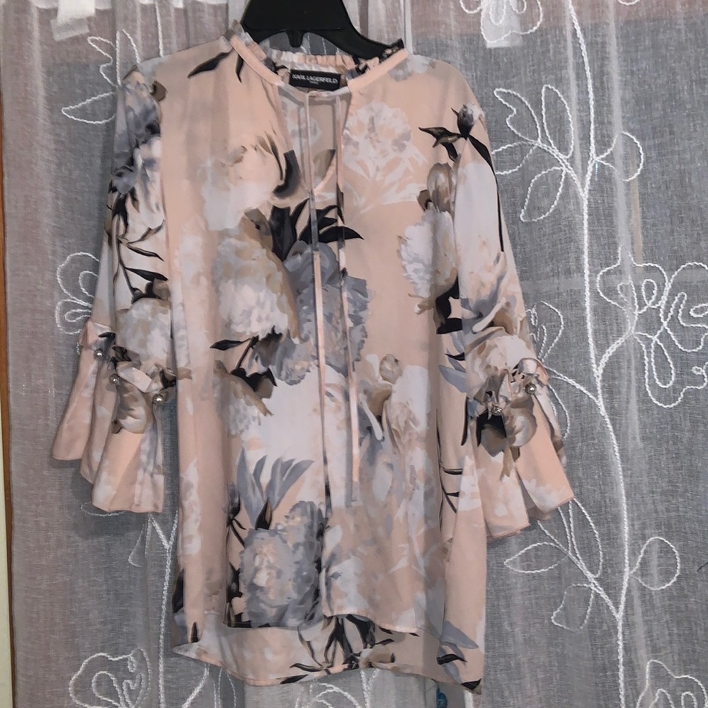 Karl Lagerfeld pretty pink floral ruffle top with pearl sleeve embellishment